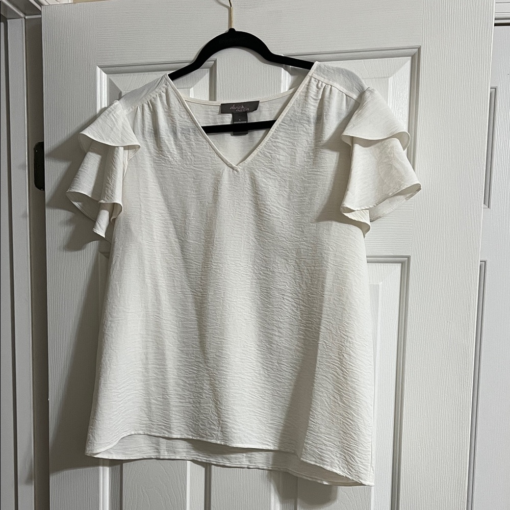 Olivia & Martin White Short Sleeve Ruffle Sleeve V Neck Blouse Large